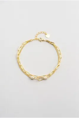 So CHIC... Minimal 18 Ayar Sarı Altın Kaplama 19 Cm Gümüş İkili Bileklik