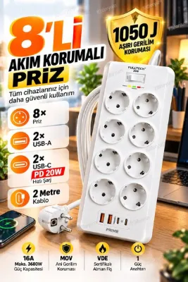 Kılıforyum FTR-34 8’li Akım Korumalı Çoklu Priz 1050J 3680W 2 USB-C PD20W 2 USB-A 2 Metre Kablo
