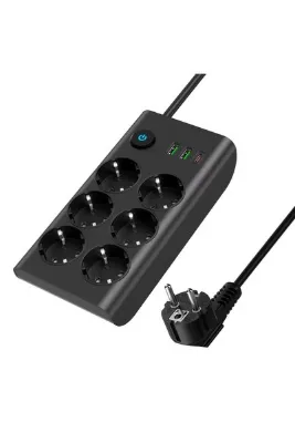 ALWAYS TEKNOLOJİ 3680W Anahtarlı Akım Korumalı 6'lı Grup Priz - 2x USB-A ve 2 x Type-C Girişli
