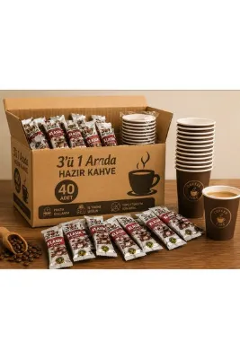 Kahve Dünyası 40 Adet 3’ü 1 Arada Hazır Kahve (9 Gr) + 40 Adet 7 Oz Karton Bardak HEDİYE | Ofis, İş Yeri ve İkramlık Kahve Paketi
