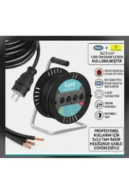 DC-ELEKTRO 4 LÜ MAKARALİ (15 METRE) 3X2.5 YÜZDE YÜZ TAM BAKİR HES VEYA ÖZNUR KABLOLU SEYYAR UZATMA LED IŞIKLI