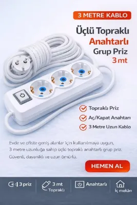 ZEY Üçlü Topraklı Anahtarlı Grup Priz 3 Metre