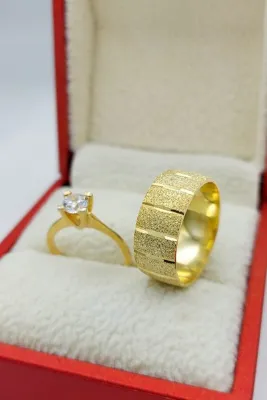 Silver Self Gümüş Alyans Tektaşlı Altın Kaplamalı Üç Yan Çizgili