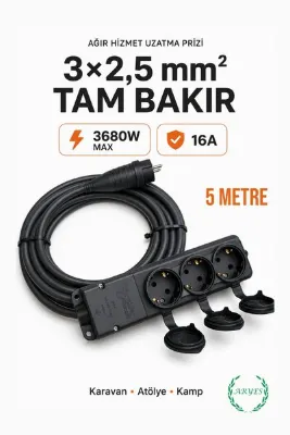 Aryes 3’lü 5 Metre Schneider Kauçuk Gövdeli fişli Uzatma 3x2,5 mm² Tam Bakır Kablolu 16A 3680W - Üst Düzey Kalite