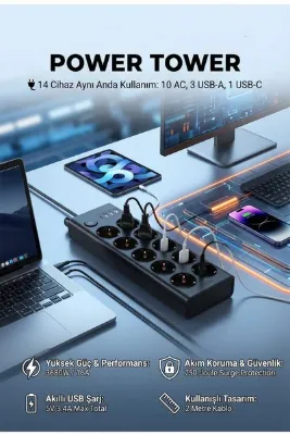 asua 10'lu 2MT Uzatma Kablolu Çoklu Priz Akım Korumalı Grup Uzatma Priz 3X USB 1X Type-C Çıkışlı Priz