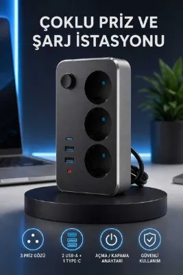 RABERA TECH Akım Korumalı 3’lü Priz 2 USB-A 1 Type-C 2 Metre Anahtarlı Uzatma Kablosu