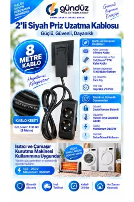 Gündüz Elektromarket 2’li (8) Metre Uzatma Prizi 3x2,5 mm² Kalın Kablolu Ultra İnce Fişli