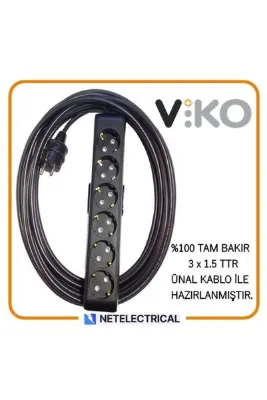 VİKO Multi-let Siyah 6'lı 4 Metre Topraklı Çocuk Korumalı Kablolu Grup Priz