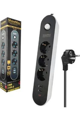 ShowMax SH4628 Termal Akım Korumalı Uzatma Kablosu 3 Priz 2 USB Type-C Anahtarlı 2 m - Siyah