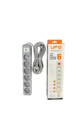 UFO Akım korumalı grup priz 1.5 mt Gri 6’lı ve 2’li USB şarj aleti 2500 watt