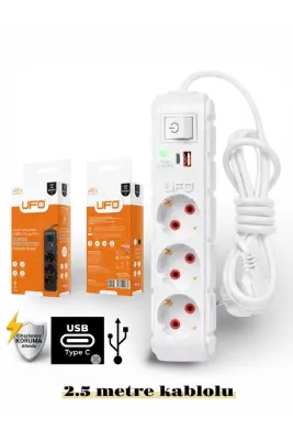 UFO Akım korumalı grup priz 2.5 mt kablolu anahtarlı Beyaz 3 lü ve USB+type-c şarj aleti 3000 watt