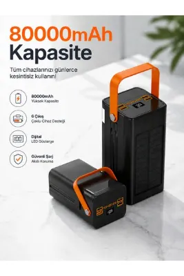 Moxti 80.000 mAh Dev Kapasiteli Powerbank – Güneş Panelli, Dijital Ekranlı,Dahili Kablolu,Fener Özellikli Şarj İstasyonu