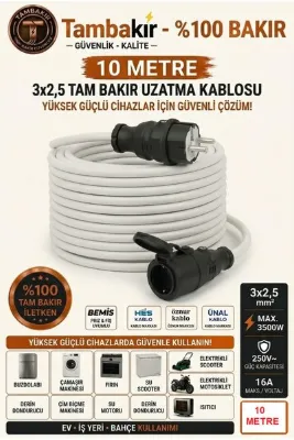 10 Metre - 3x2,5 mm %100 Tam Bakır Uzatma Kablosu | Tekli Kauçuk Fiş | IP 44-IP 54 | Şantiye Bahçe Marin Karavan Dış Mekan