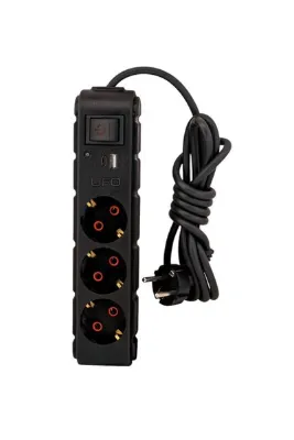 UFO Akım korumalı grup priz 1.5 mt kablolu anahtarlı siyah 3 lü ve USB+type-c şarj aleti 3000 watt