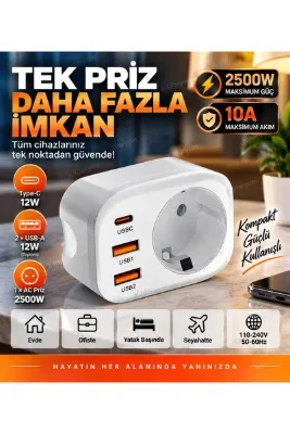 Kılıforyum PRO-OS04 2500W 10A Priz Çoğaltıcı – 2 USB + Type-C 12W Şarj Girişli Akıllı Priz Adaptörü