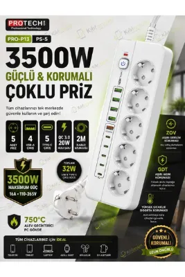 Kılıforyum 3500W Akım Korumalı 5’li Priz – 4 USB-A, 5 Type-C, QC 3.0 20W Hızlı Şarj, 2 Metre Protech Kablolu Çoklu Priz