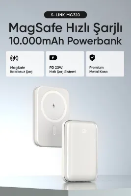 S-LINK MG310 10000mAh PD20W Magsafe 15W Kablosuz Type-C Beyaz Taşınabilir Metal Şarj Cihazı Powerban