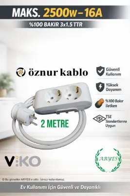 Aryes 2li Priz Uzatma Kablosu 2 Metre 3x1.5 TTR Topraklı Kaliteli