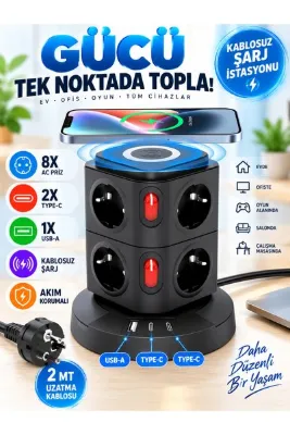 MATECHNO Akım Korumalı Priz Kablosuz Şarj İstasyonu 8xSoket 1xUSB 2xType-C 2 MT Kablolu Grup Priz Çoğaltıcı