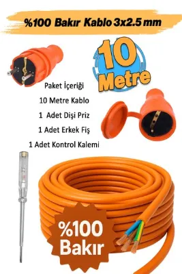 Badem10 %100 Bakır 3x2.5 mm Seyyar 10 Metre Uzatma Kablosu Çok Telli Elektrik Kontrol Kalem Dişi Erkek Fiş