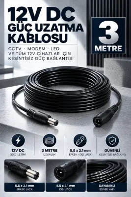 MVLH 3 Metre 12V DC Adaptör Güç Uzatma Kablosu 5.5x2.1 mm Dişi Erkek Jack Cctv Kamera Şerit LED Modem Ara Kablosu