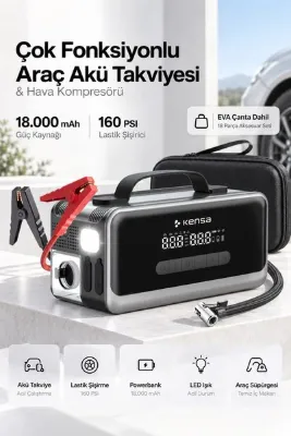 Çok Fonksiyonlu Araç Akü Takviye Cihazı, 160 PSI Hava Kompresörü ve Powerbank