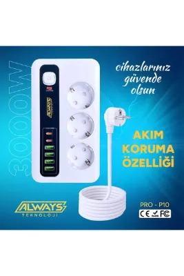 ALWAYS TEKNOLOJİ Akım Korumalı 4 USB'li ve 3 TYPE-C li 3'lü Grup Priz 2 m Uzatma Kablosu Beyaz