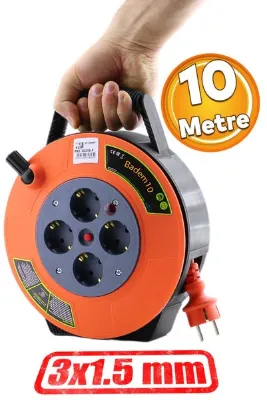 Badem10 Plastik Mini Kutulu 4 Priz TTR Kablo 10 Metre Makaralı Seyyar 3x1.5 mm CCA Monofaze Uzatma Kablosu