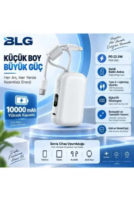 BLG ELEKTROİNK Mini Powerbank 10000 mAh 22.5W PD Hızlı Şarj Dahili Type-C ve Lightning Kablolu Dijital Göstergeli Kompakt Taşınabilir Şarj Cihazı