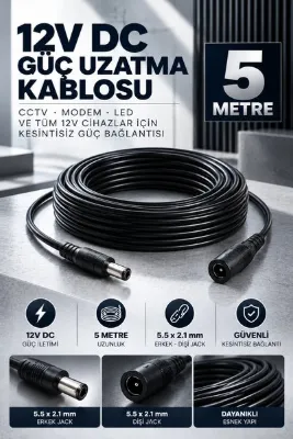 MVLH 5 Metre 12V DC Adaptör Güç Uzatma Kablosu 5.5x2.1 mm Dişi Erkek Jack Cctv Kamera Şerit LED Modem Ara Kablosu