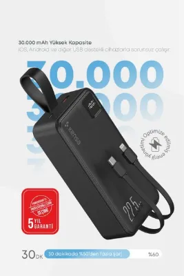 Kensa Taşınabilir 30.000 mAh Powerbank | 22.5W PD Hızlı Şarj, LED Gösterge, Type-C & iOS