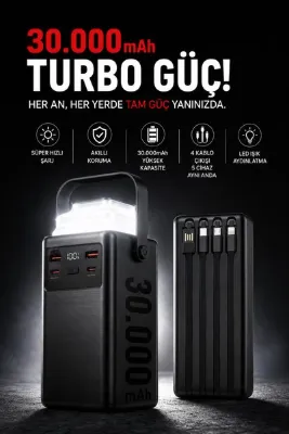Moxti 30.000 mAh Powerbank KAMP İÇİN ÖZEL – Süper Hızlı Şarj, 4 Dahili Kablo, 5 Cihaz Desteği, LED Işığı ve Dijital Ekranlı Taşınabilir Şarj Cihazı