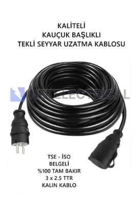 NETELECTRİCAL Kauçuk Tekli Seyyar Uzatma Kablosu - 3x2.5 TTR Kalın SİYAH Kablo - 60 METRE