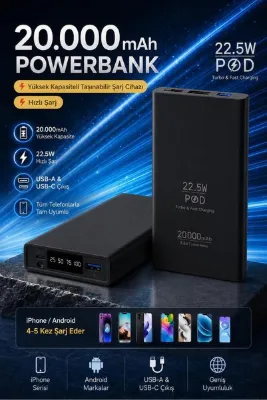 TEKNOAS İLETİŞİM 20000 mAh Powerbank/ 22.5W PD Hızlı Şarj Dijital Göstergeli Taşınabilir Şarj Aleti/ Tüm Telefonlarla Uyumlu