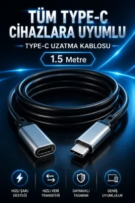 nelerbulurum 1.5 Metre Type-C Uzatma Kablosu USB-C Erkek Dişi Kablo Tüm Type-C Cihazlarla Uyumlu Hızlı Şarj & Veri Aktarım Şarj Kablosu Uzatma ve Güç Kablosu