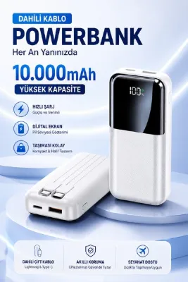 asua Mini 10.000 mAh 22,5W PD Hızlı Şarjlı Powerbank Dahili Type-C ve Lightning Kablolu Dijital Göstergeli Çoklu Çıkışlı Taşınabilir Şarj Cihazı