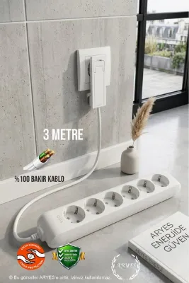 Aryes Koltuk ve Dolap Arkası Özel Seri: 6’lı Priz 3 Metre İnce Fiş Tam Bakır Topraklı