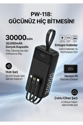 BLOOFY TECH pw - 118 powerbank 30.000 bin mAh kablolu 2x usb girişi 22.5w hızlı şarjlı