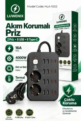 Luwenix 2’Li Akım Korumalı Çoklu Priz 2mt – 8 USB + 8 Type-C | 4000W 16A | 4000 Joule | 2 Metre Bakır Kablo