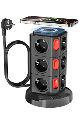Vetech Akım Korumalı Priz Kablosuz Şarj İstasyonu 12x Priz / 1x USB / 2x TYPE-C Girişli 1.8mt Kablo