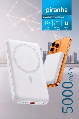 Piranha 9020 Magsafe Powerbank / 5000mAh Taşınabilir Kablosuz Şarj Cihazı / 15W Kablosuz - 20W Hızlı Şarj