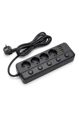 leeways 2500W Akım Korumalı Grup Priz 3 USB'li ve 1 TYPE-C li 4'lü 2 m Uzatma Kablosu Siyah