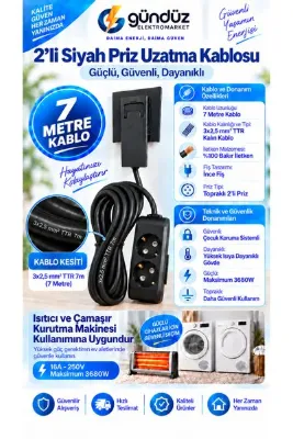 Gündüz Elektromarket 2’li (7) Metre Uzatma Prizi 3x2,5 mm² Kalın Kablolu Ultra İnce Fişli