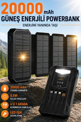 EXENAR Güneş Enerjili Powerbank 4 Solar Panel Taşınabilir Şarj Cihazı Kendinden Kablolu LED Fenerli 20000mA