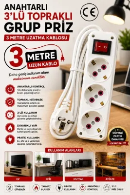 modalonga size ne lazım? Anahtarlı 3lü Topraklı Grup Priz - 3 Metre - ÖNDER