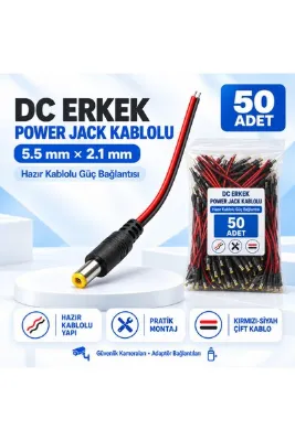 KARER 50 Adet DC Erkek Power Jack Kablolu 5.5x2.1mm – CCTV Güvenlik Kamera Adaptör Güç Bağlantı Kablosu