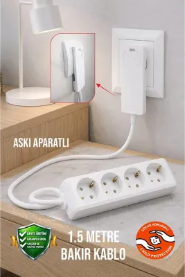 Aryes 4'lü 1,5 Metre Topraklı Grup Priz İnce Fişli 3x1.5 TTR Tam Bakır Çocuk Korumalı Beyaz