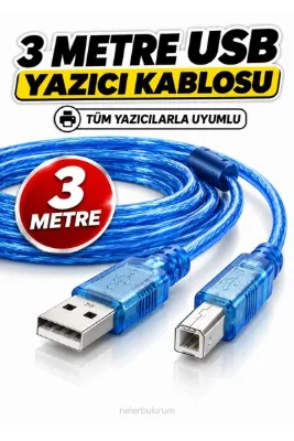 nelerbulurum Tüm Yazıcılara Uyumlu 3 Metre Mavi Renkli Usb Yazıcı Printer Ara Kablosu (HP, Canon, Epson, Brother, Samsung, Xerox, Lexmark, Pantum)