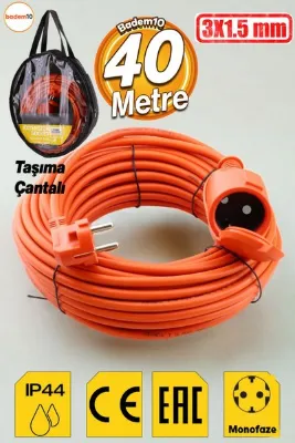 Badem10 Uzatma Kablosu 3x1.5 Mm 40 Metre Kapaklı Monofaze Ev Tipi Topraklı Cca Kablolu Tekli Grup Fiş Priz