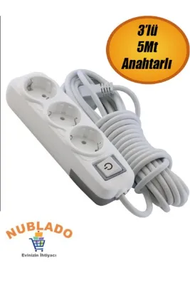 NUBLADO Grup Priz 3'lü Anahtarlı Topraklı 5 Metre Seyyar Ara Kablolu Uzatma Kablolusu Üçlü Piriz.